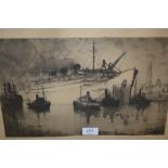 Two framed etchings, shipping scene, signed J. Lentrien and tall ships by a quayside, signed W. Pye