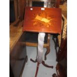 Reproduction mahogany marquetry inlaid music stand inlaid with various musical instruments