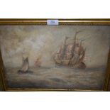 Oil on canvas laid onto board, English man o'war and other shipping on the open sea, signed