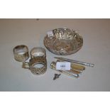 Two silver cheroot holder cases, a propelling pencil, pocket knife with mother of pearl handle, two