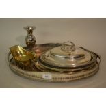 Oval plated on copper galleried tray, quantity of entree dishes, a vase and a sauce boat