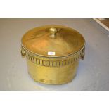 Edwardian brass oval two handled coal bucket with cover and liner on low bun supports