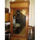 Continental Art Nouveau pitch pine marquetry inlaid wardrobe with single mirrored door above a
