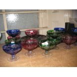 Collection of etched coloured overlay glass sundae dishes and stands