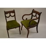 Set of eight (six plus two) Regency mahogany dining chairs, the shaped and moulded rail backs above