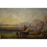 19th Century oil on panel, coastal scene with beached fishing boat and figures, 10ins x 13.5ins,