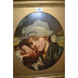 19th Century oval mounted oil on canvas, portrait of a young lady with a basket of apples