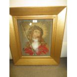 Gilt framed needlework picture, portrait of Christ and a similar maple framed print