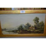 19th Century oil on canvas, river landscape with cottage and figures in an open boat, 7.5ins x