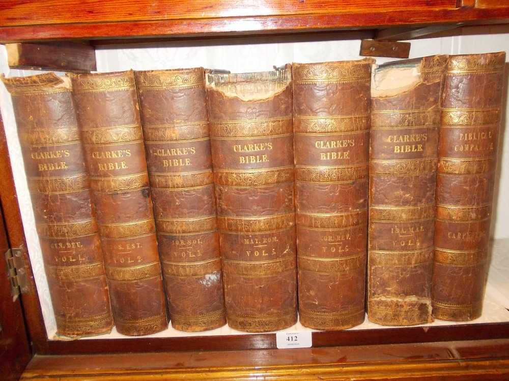 Group of seven leather bound volumes of Clark's Bible, printed for Thomas Tegg and Son, 1836
