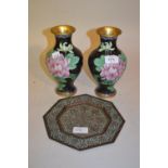 Pair of Chinese floral decorated cloisonne baluster form vases together with a copper floral