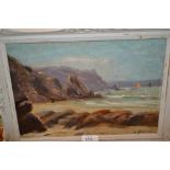 Y. Blossier, signed oil on panel, coastal landscape with boats and figure on a beach, 9ins x