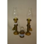 Pair of late 19th or early 20th Century brass ships candlesticks with glass shades and fitted