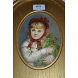 Small oval mounted painting on glass of a girl wearing a red bonnet and carrying holly and ivy,