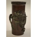 Late 19th Century Japanese dark patinated bronze cylindrical vase decorated in high relief with an