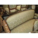 Pair of reproduction French style gold patinated drawing room sofas with green Art Nouveau design