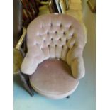 Victorian pink button upholstered tub shaped drawing room chair on splay front supports