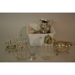 Two plated toast racks, two plated cream jugs and miscellaneous other small items of silver plate