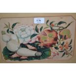 Early 19th Century Chinese school painting on pith paper, exotic fruit and flowers, 7.5ins x