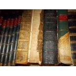 Six part leather bound volumes, pictures from Punch 1894 - 96, large 1875 bible, with full black