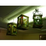 Edwardian brass hall lantern, the sides inset with leaded coloured glass panels,