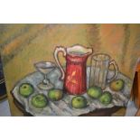 Patricia Rhodes, oil on canvas, still life, apples and other objects on a table top, 20ins x 24ins,