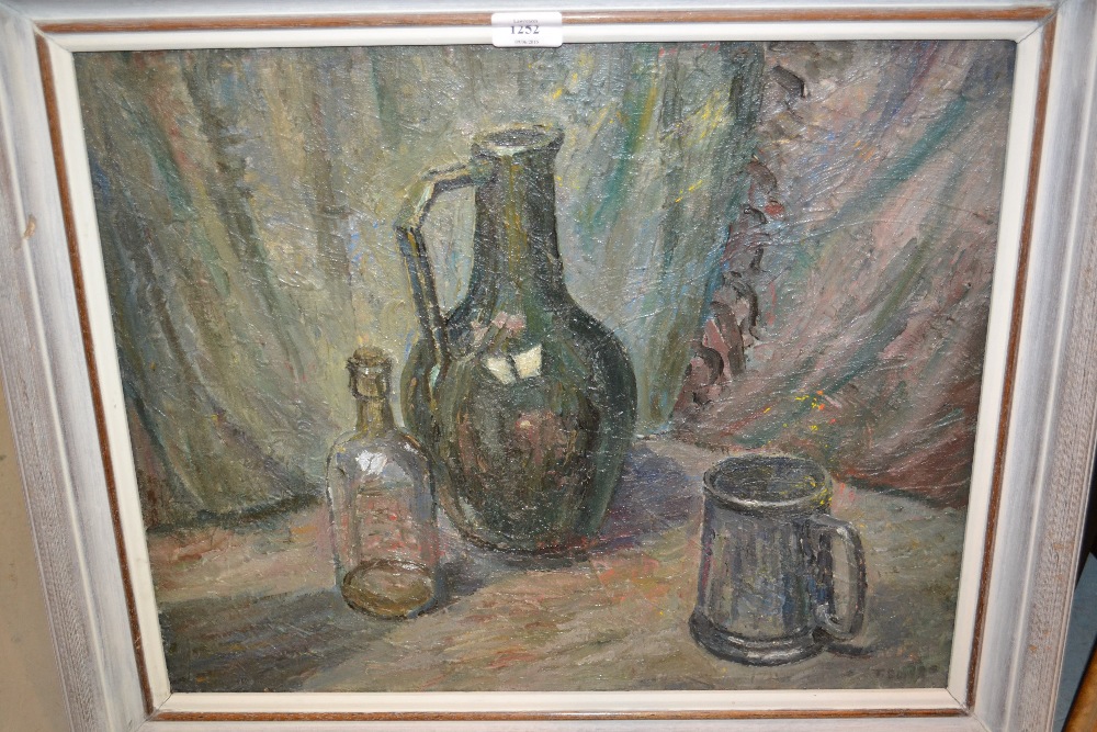 John Bowes, oil on canvas, study of a jug, bottle and mug on a table top, indistinctly signed,