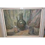 John Bowes, oil on canvas, study of a jug, bottle and mug on a table top, indistinctly signed,