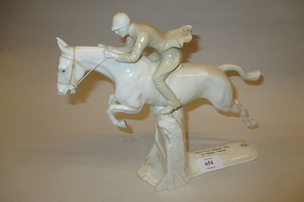 Boch Freres, Belgian porcelain figure group of a horse and rider inscribed to the base R.