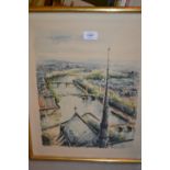 Gilt framed watercolour, view from a roof top overlooking the Seine, indistinctly signed,