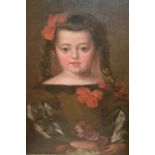 19th Century, oil on canvas, portrait of a child holding a posy of roses, 24ins x 19ins,