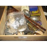 Box containing a quantity of miscellaneous items including a boxwood brass mounted rule,
