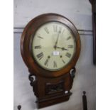 19th Century walnut circular drop-dial wall clock with painted dial and Roman numerals with two