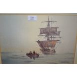 Watercolour, figures in an open boat, approaching a square rigger,