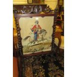 Victorian rosewood firescreen inset with a needlepoint panel depicting a Turkish figure on