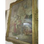 Large 19th Century needlepoint picture, interior scene with figures in a period swept gilt frame,