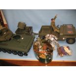 Action Man with miscellaneous accessories including jeep, tank and search light etc.