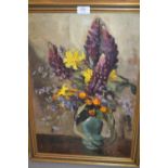 Mid 20th Century oil on board, still life, flowers in a blue glazed vase, signed with initials G.M.