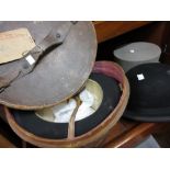 Leather hat box and two top hats