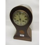 Edwardian mahogany and inlaid balloon shaped mantel clock with enamel dial,
