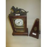 19th Century rosewood cased mantel clock with lion surmount together with a French walnut cased