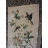 Near pair of modern Chinese silk rugs with floral and bird designs with beige ground with borders,