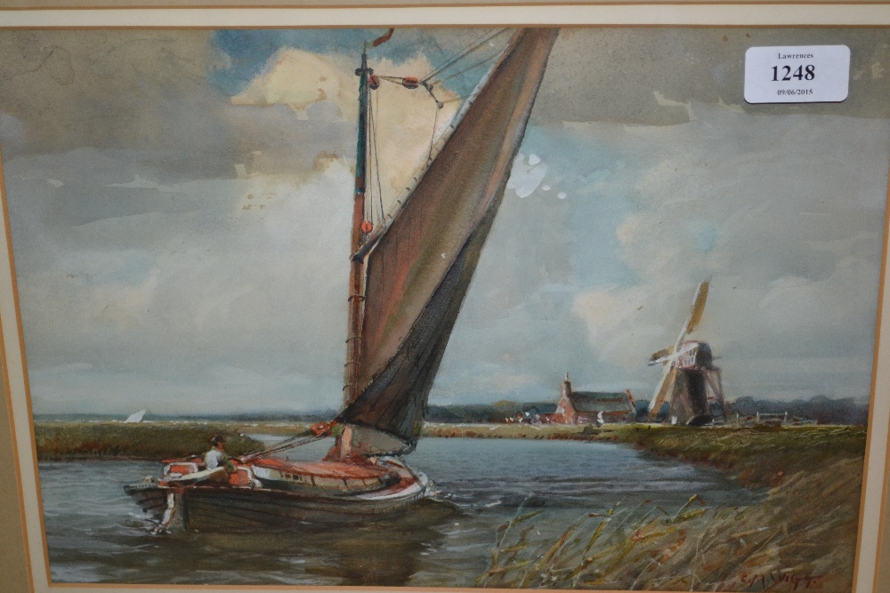 Charles M. Wigg, watercolour, ' Wherry on the Bure ', a windy day, Stokesby on the Bure, Norfolk, 9.