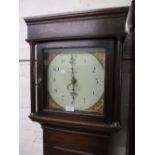George III oak longcase clock, the square hood above a rectangular panelled door,