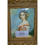 Group of six framed watercolour and oil miniature portraits in ebonised, wooden and gilt frames,