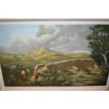 Jack Mould, 20th Century oil on board, a mountain landscape with figures before a bridge, signed,