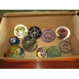 Collection of ten various glass paperweights including Caithness and Millefiori type