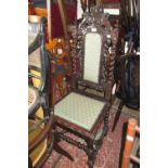 Victorian carved oak and upholstered hall chair on turned supports with barley twist stretchers