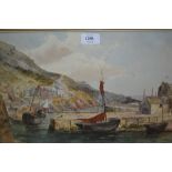 Watercolour, harbour scene with moored boats and quayside cottages, together with another similar,