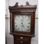 19th Century mahogany longcase clock having square hood and re-painted dial with Roman numerals,